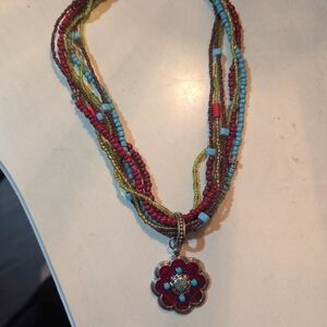 Multicolor Beaded Necklace with Floral Pendant